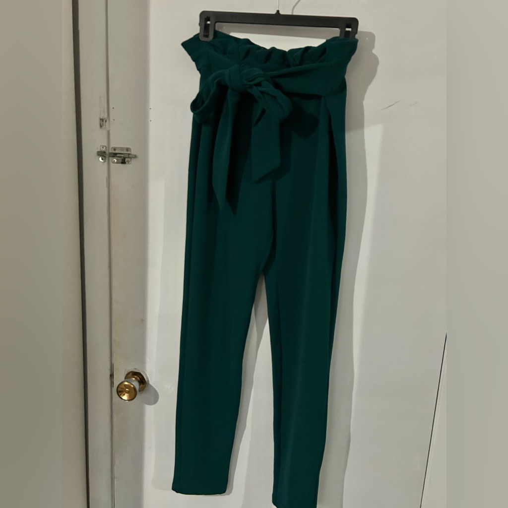Elegant Dark Green Paper Bag Pants